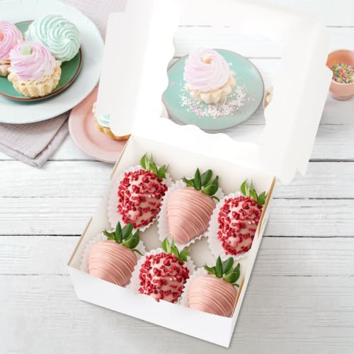 30 Pcs White Bakery Boxes with Window and Stickers, 6 X 6 X 3 Inches