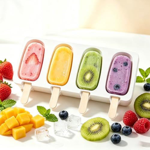 Silicone Popsicle Molds, 2 Pcs White Popsicles Molds, 4 Cavities Ice Cream Mold with 50 Wooden Sticks for Making Cakesicles Fudgesicle Candy DIY Cake Ice Pop Summer Party Supplies - color: White