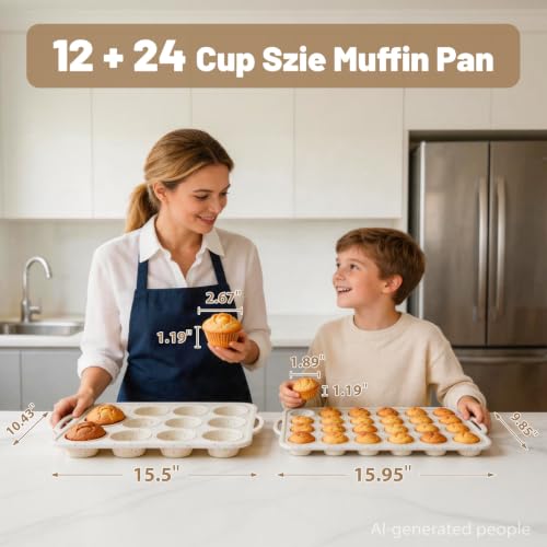 Silicone Mini Muffin Pan Set: 12 & 24 Small Cupcake Baking Pan with Frame - color: Creamy Confetti, size: Regular & Mini: 12 Cup & 24 Cup