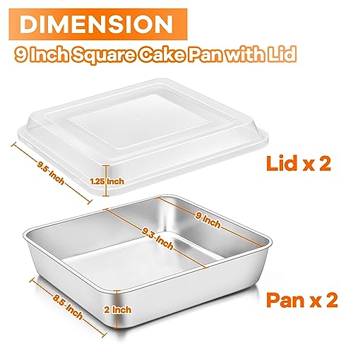 TeamFar 9 x 9 Baking Pan, Square Cake Pan with Lid - 2 Pans + 2 Lids - size: 9.3 x 2-Inch