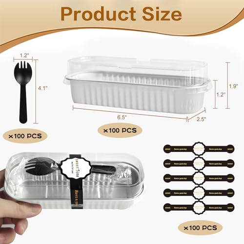 Mini Loaf Pans With Lids And Spoons 100 Pack,6.8 Oz Rectangle Mini Individual Cake Tins, Disposable Small Aluminum Foil Baking Pans, Baking Containers for Party and Picnics (White) - color: White