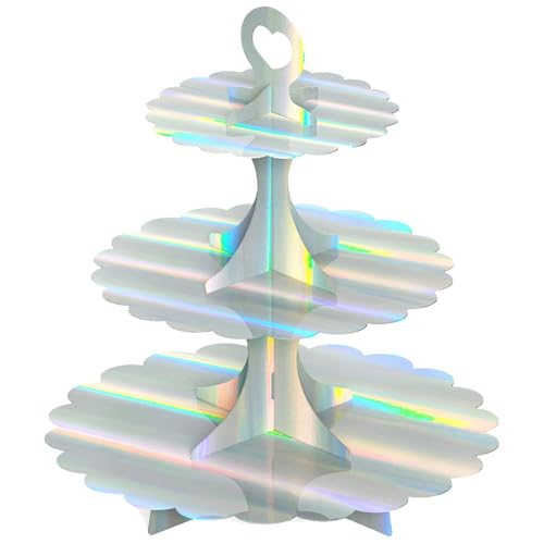 3-Tier Cupcake Stand Tower, Rainbow Silver Cardboard Cake Holder for Birthday Wedding Party Displays, Laser Silver Design - Space-Saving Dessert Table Decor (1 Pack) ﻿ - color: Rainbow Silver 1 Pack