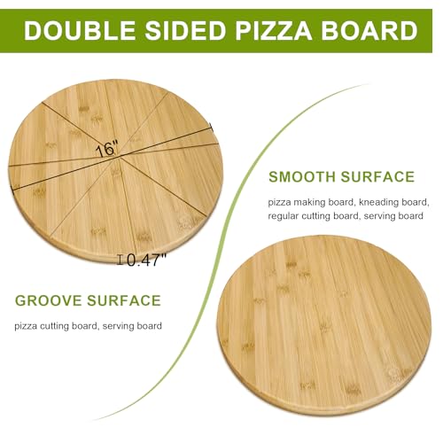 16inch Pizza Cutting Board Round Large Bamboo Wooden Prep Platter Tray - style: 16"