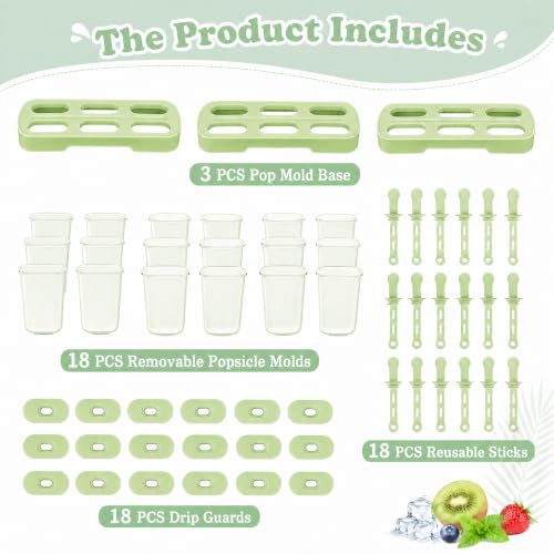 Leezmark 18 Pcs Popsicles Molds, 3 Sets Small Popsicle Molds Ice Pop Mold, Homemade Popsicle Molds with Sticks and Drip Guards, Easy to Use Popsicle Maker (Green) - color: Green