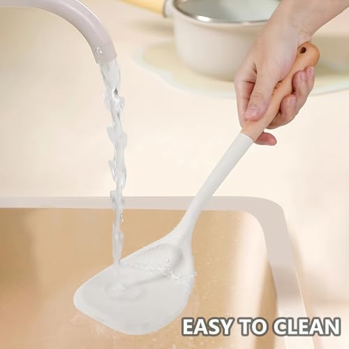 Silicone Kitchen Utensils Set of 4, Large Non-Stick Cooking Utensil Set w Wooden Handle Food Grade Heat Resistance Turner Spoon Silicone Cooking Kitchen Gadgets BPA Free for Nonstick Cookware - color: White, size: Large 4-Piece Set