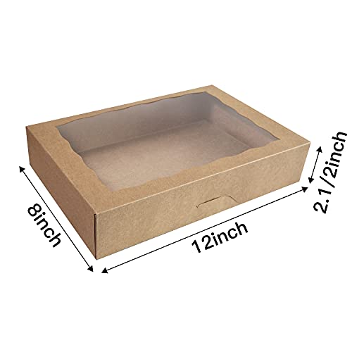 ONE MORE 15-Pack Brown Pastry Box12x8x2.5inch,Large Bakery Cookie Box for Donuts,Muffins with Window Lid - Auto-Pop up Paper Box Doughnut Cardboard Chocolate Strawberries Treat Boxes,Pack of 15