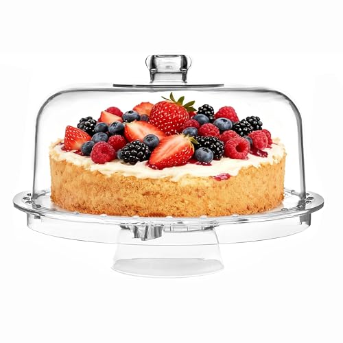 VALESKA 12inch Cake Stand with Acrylic Lid, 6-in-1 Multifuntional Serving Platter with Dome Cover, Cake Display Stand with Lid/Dessert Platter/Punch Bowl/Veggie Platter - BPA Free - color: Arylic