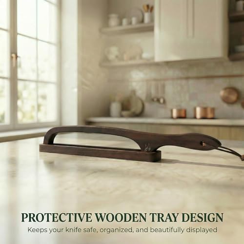 Bread Knife with Wooden Tray, 16.5" Serrated Sourdough Bread Knife, Premium Bow Bread Slicer for Homemade Bread, Bagels & Loaf, Stainless Steel Cutter (Black Walnut, Narrow-Spacing) - color: Black-Narrow Walnut