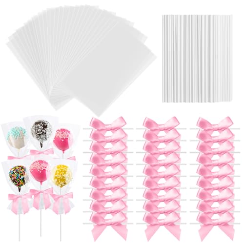 Cunhill 300 Pcs Cake Pop Sticks with Transparent Bags and Ribbon Bows, Pink