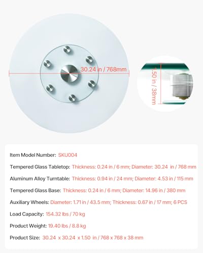VEVOR 30 in Glass Lazy Susan Turntable, Tempered Glass Dining Table Centerpiece with 6 Rotating Wheels, 360° Smooth and Silent Spin Tabletop Rotating Tray, for Family Gatherings, Banquets & Weddings - size: 30.24 x 30.24 x 1.50 in
