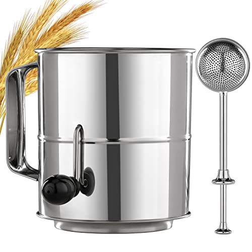 PIQUEBAR Flour Sifter - 5 Cup Fine Mesh Hand Crank Sifter Stainless Steel with Agitator Wire Loop for Baking, Powdered Sugar Duster Set - size: 5 Cup