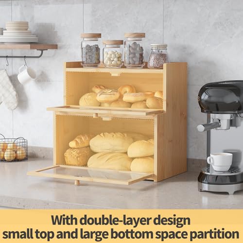 Double Layer Bamboo Bread Box for Kitchen Counter,Bread Holder,Countertop Bread Storage with Window (Natural) - color: Natural
