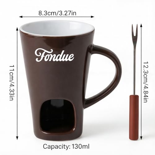 Brown Chocolate Fondue Mug with Tealight & Fork – Ceramic Single-Serve Fondue Cup for Chocolate & Cheese Dipping - color: Brown