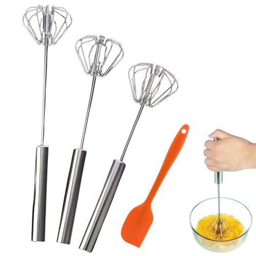 3Pcs Egg Whisk Hand Push Rotary Whisks,Semi Automatic Mixer Stirrer for Making Cream Hand Push Whisk,Beating,Whisking,Stirring,Versatile Milk Frother- Spatula for Baking Mixing