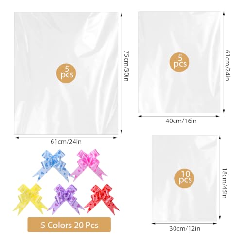 woric 3 Size Clear Cellophane Gift Bags 24x30 16x24 12x18in with Pull Bows - size: 3 Size(24x30 16x24 12x18in)
