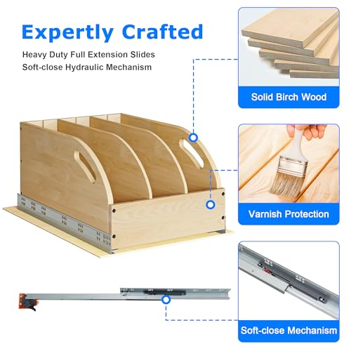 WelFurGeer Birchwood Pot and Pan Organizer with Soft-Close Drawer, Pull Out Cabinet Organizer, Heavy-Duty Slide-Out Storage for Baking Sheets, Cutting Boards, and Kitchen Utensils - size: 14"W X 21"D