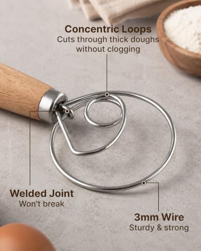 Zulay Kitchen 13-Inch Danish Dough Whisk - Stainless Steel Wooden Whisk with Dough Hook - Sourdough Whisk for Bread, Pizza, Pastry, Cake Batter & More - Wood - color: Rubberwood | Single