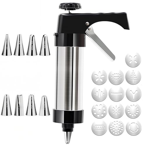 Cookie Press Kit, Stainless Steel Cookie Gun with 13 Discs & 8 Nozzles, Effortless Cookie Maker and Frosting Decorating Tool for Bakers