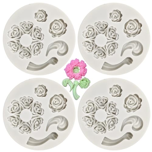 4PCS White Rose Silicone Fondant Molds, Mini Dessert Rose Flower Teapot Mold, Candy Chocolate Ice Cube Fondant Molds