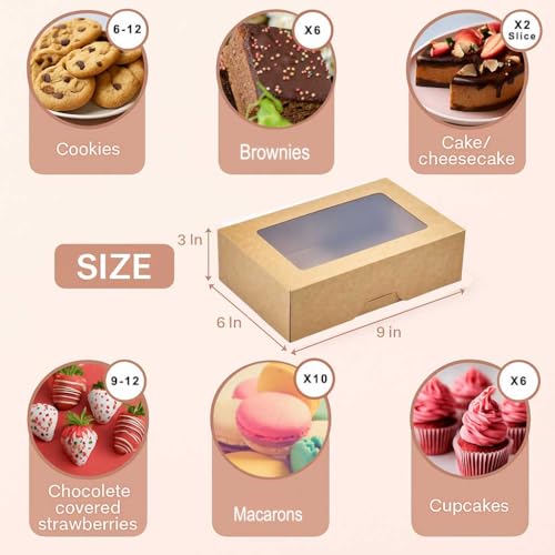 30 Pack 9x6x3in Cookie Boxes with Window, Bakery Boxes for Treats, Desserts - color: Brown