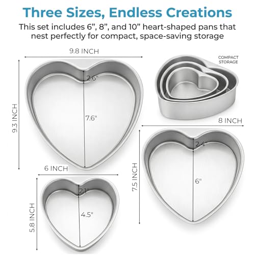 Youeon 3 Pcs Heart Shaped Cake Pans with Removable Bottom, 6/8/10 Inch Aluminum Cheesecake Baking Pans, Nonstick Heart Cake Mold Set for Valentine's Day, Wedding, Birthday, Anniversary, DIY Desserts