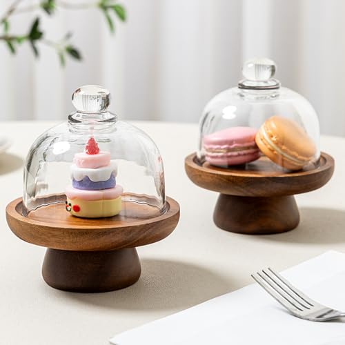 2 Pack 4.1 Inch Mini Cake Stands with Glass Domes, Acacia Wood Dessert Display Stands for Macarons, Cupcakes, Candy, Cookies and Cheese Bites - color: Two 4.1-inch Mini Acaciawood Dessert Cups