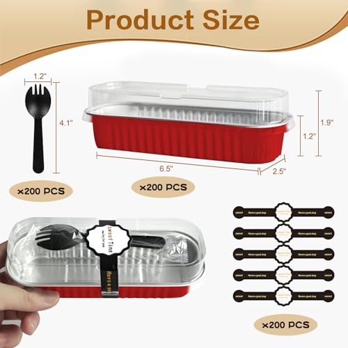 Mini Cake Pans with Lids and Spoons 200 Pack, Mini Loaf Pans with lids 6.8oz, Small Disposable Aluminum Foil Loaf Pans, Rectangular Baking Container for Party, Picnics and Housewarming (Red) - color: Red