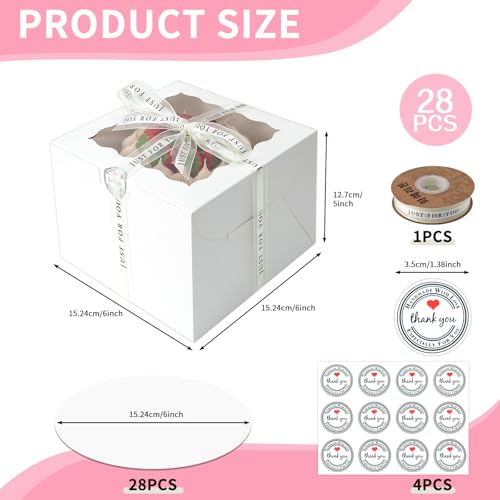 28 Sets 6x6x5 Cake Box, White Cake Box with Window 6" White Cake boxes Round Boards, 6inch Cake Containers with Lids for Easter and Mother's Day Cheesecake, Cakes(6 * 6 * 5inch/28pcs) - size: 6*6*5inch/ 56 pcs