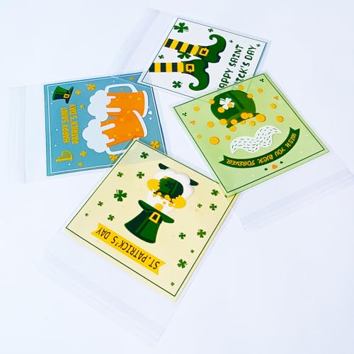 Jagrove 100PCS Cellophane Bags 4X4 Inch Green Lucky Shamrock Self Sealing Goodie Candy Cookie Snack Treat Bags for St. Patrick’s Day Irish Party Supplies Bakery - color: St. Patrick A, size: 100 Count (Pack of 1)
