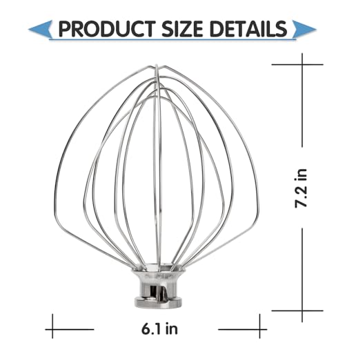 Wire Whip Stainless Steel for KitchenAid 6 Quart Bowl-Lift Stand Mixer, KN256WW 6-Wire Whisk Attachment, Balloon Whisk, Heavy Duty, Dishwasher Safe - size: 6 Quart