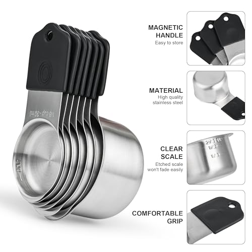 Magnetic Measuring Cups and Spoons Set 16, Metric & US Stainless Steel Measuring Cups and Spoons Set for Dry & Liquid, Metal Measure Cups & Spoons & Leveler for Kitchen&Baking, Black