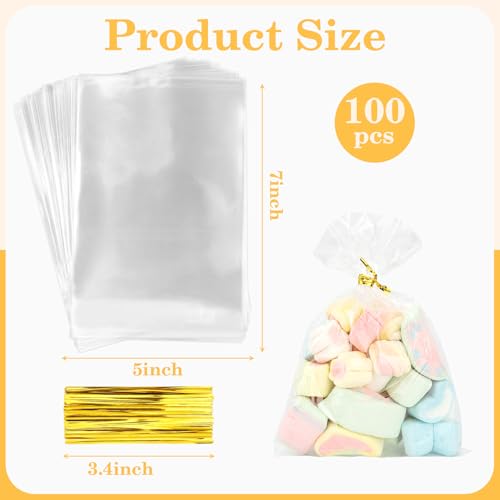 Cidenbio 100 PCS Cellophane Treat Bags, 5x7 In Clear Cellophane Gift Bags with Twist Ties Plastic Goodie Bag for Party Favor Cookie Candy Popcorn Bakery Chocolate Gift Wrapping - size: 5*7 Inch