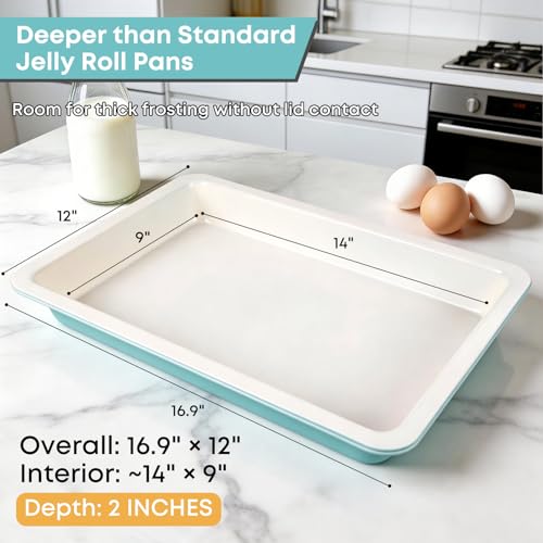 2-Pack 15x10 Sheet Cake Pan with Lid, 2" Deep Nonstick, Teal - color: Teal