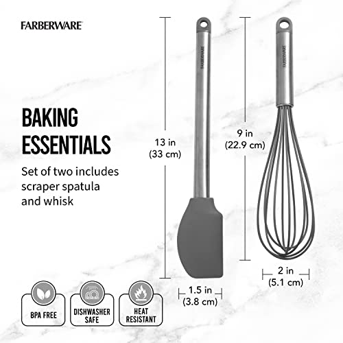 Farberware Pro Whisk and Spatula Set, Stainless Steel Handles with Heat Resistant Silicone Heads, 2-Piece Baking and Cooking Kitchen Utensils Set, Dishwasher Safe
