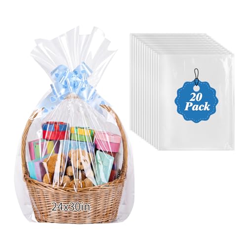 woric 20Pcs 24x30 Inch Clear Cellophane Gift Bags for Gift Baskets - size: 20pcs 24x30 Inch