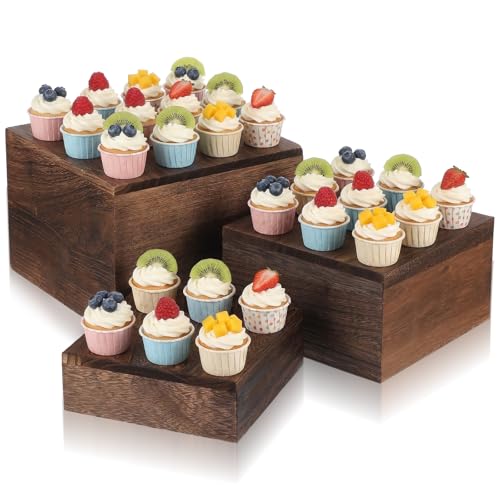 Kenaoeoe 3 PCS Wood Cake Stand Rustic Stackable Square Risers Display Stands for Dessert Table Wedding Party Buffet Food Presentation