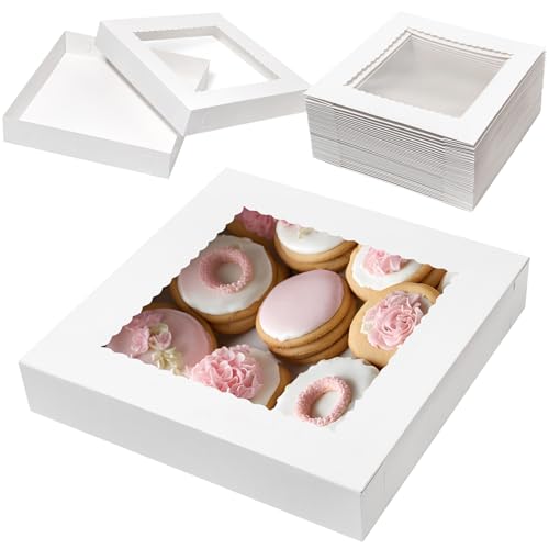 Mefleet 20Pcs 14x14x2.5 Bakery Boxes with Window Pie Pastry Boxes White
