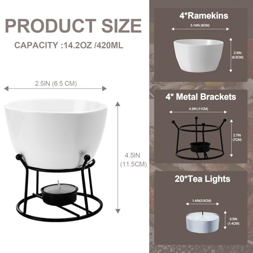Luvan 4Pcs 14.2oz Butter Warmers for Seafood, Butter Melter with Stands and 20Pcs Tealight Candles,Ceramic Butter Warmer Set for Lobster, Personal Fondue Set Melted Butter Cups for Seafood, Fondue - color: 12.8oz big butter warmer