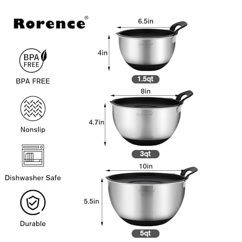 Rorence Stainless Steel Mixing Bowls: Stackable Mixing Bowl Set with Lids and Handles Non-slip Silicone Bottom Nesting Bowls for Kitchen Set of 3 - Black - color: Black