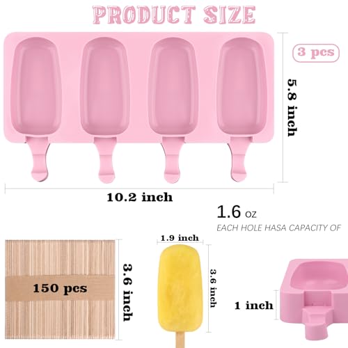 Sakolla 3 Pack Large Silicone Popsicle Molds with 150 Pcs Wooden Sticks - size: 3 Pcs Large - Pink