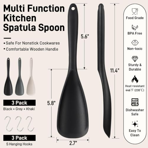3 PACK Silicone Cooking Spoon Spatula for Nonstick Cookware, Heat‑resistant - color: Black, Gray, Khaki