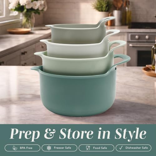 COOK WITH COLOR Nesting Plastic Mixing Bowl Set with Pour Spouts and Handles, Sage, 4 Piece Non-Slip - color: Sage, size: 4 Piece Non-Slip