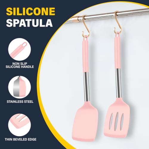 2 Pack Silicone Spatula Set, Solid & Slotted Turner for Non-Stick Pans - color: Pink