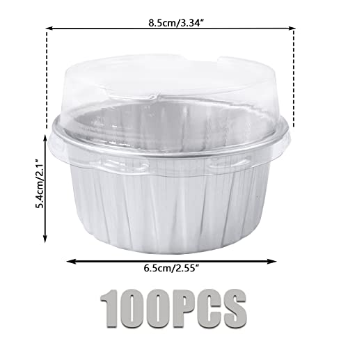 100Pcs Aluminum Cups with Lids,5oz Disposable Ramekin Baking Cups Muffin Liners Mini Pie Pans Foil Cupcake Containers for Christmas Party Wedding,Silver - color: Silver