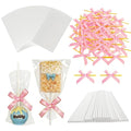 Roxjaejae 150 Pcs Cake Pop Kit, Paper Cake Pop Sticks with Clear Cellophane Bags and Pink Bow Twist Ties, Cake Pops Making Tools for Lollipops, Candies, Chocolates, Cookies, DIY Desserts