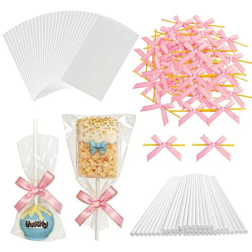 Roxjaejae 150 Pcs Cake Pop Kit, Paper Cake Pop Sticks with Clear Cellophane Bags and Pink Bow Twist Ties, Cake Pops Making Tools for Lollipops, Candies, Chocolates, Cookies, DIY Desserts