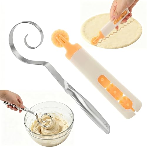 Seamless Dough Whisk Stainless Steel, 10 Inch Seamless Danish Dough Whisk with Dough Cutter, One-Piece Manual Mixing Tool for Cooking, Whisking, Pizza Pastry Cake Batter, Dishwasher Safe