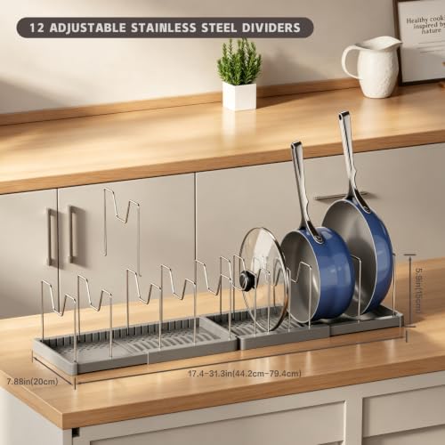 Magheo 2 Pack Expandable Food Storage Container Lid Organizers, 31.3" Pots and Pans Organizer Under Cabinet with 12 Adjustable Dividers Pot and Pan Lid Holders Rack Inside Cabinet(Gray) - color: Gray, size: (2 Pack)31.3"D x 7.9"W x 5.9"H