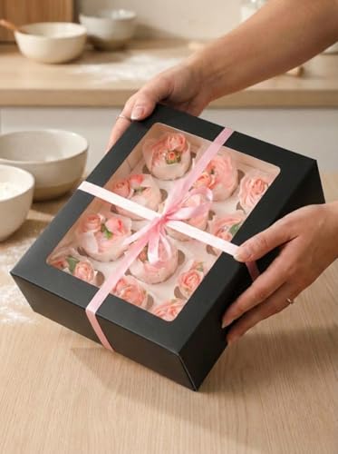 Bakepacker Auto-pop Up Cupcake Boxes with Window Black 40PCS 12 Count - color: Black, 40