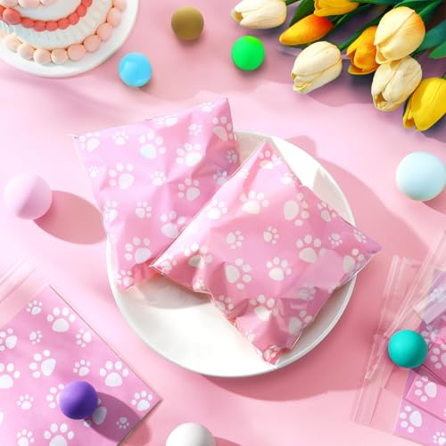 Pasimy 200 Pcs Dog Paw Treat Bags, Clear Self Adhesive Pink - color: Pink